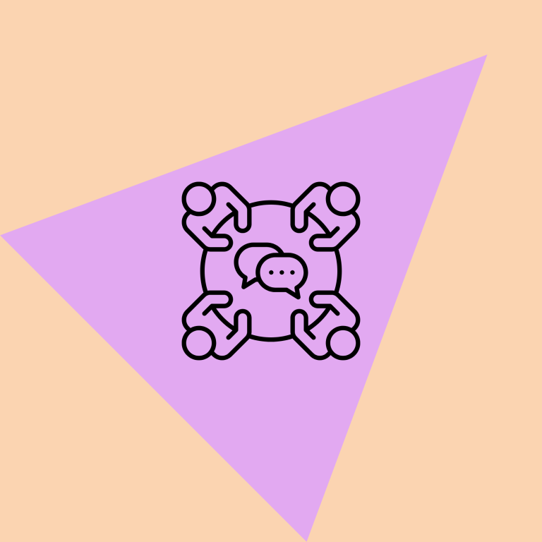 Icon van vier figuren aan een ronde tafel met spraakballonnen.
