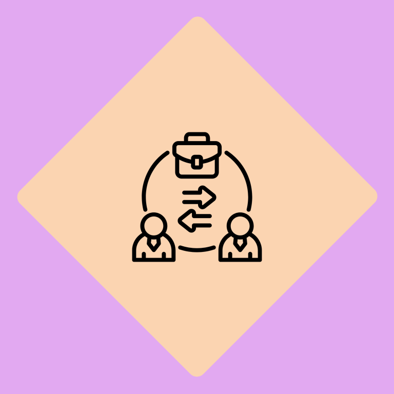 Icon van twee figuren en een koffer, symboliseert samenwerking en uitwisseling.