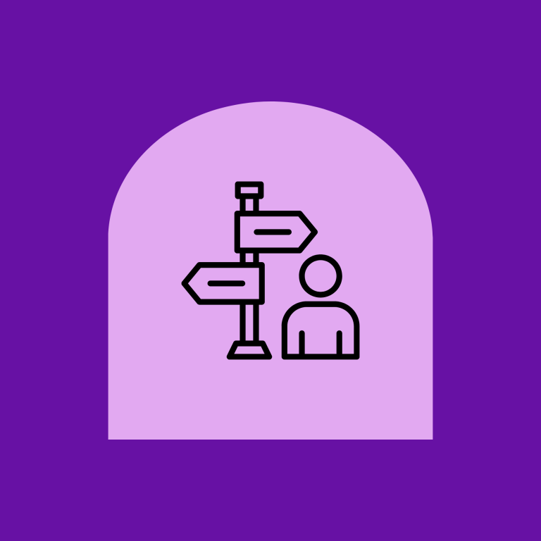 Icon van een persoon bij een wegwijzer met richtingspijlen.