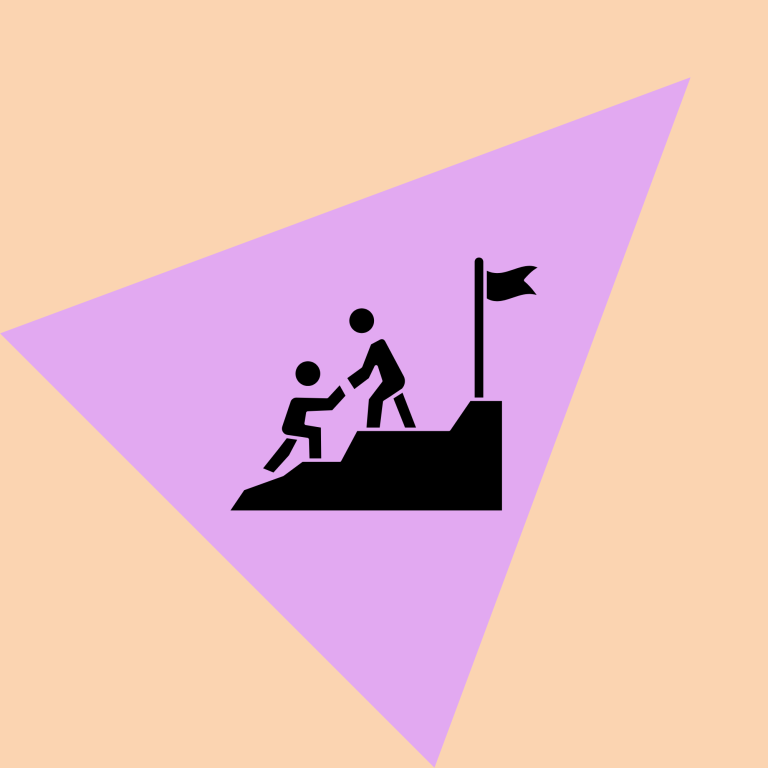 Icon van twee figuren die elkaar helpen om een berg te beklimmen, met een vlag bovenaan.